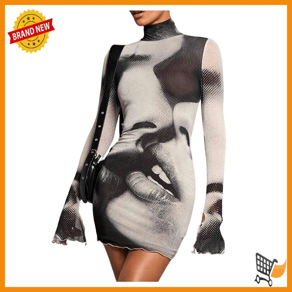 Women's Graphic Print Bodycon Mini Dress Turtleneck Long Sleeve Pencil